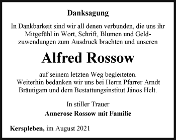 Traueranzeige von Alfred Rossow von Thüringer Allgemeine, Thüringische Landeszeitung