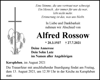 Traueranzeige von Alfred Rossow von Thüringer Allgemeine, Thüringische Landeszeitung