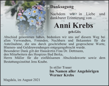Traueranzeige von Anni Krebs von Thüringer Allgemeine, Thüringische Landeszeitung