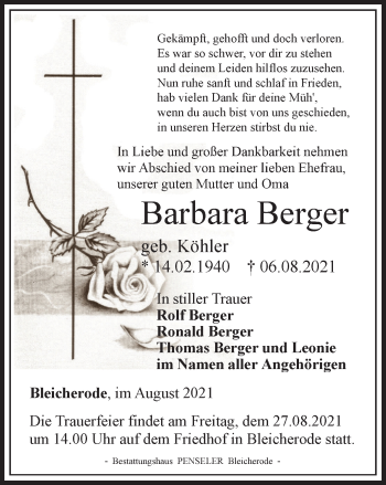 Traueranzeige von Barbara Berger von Thüringer Allgemeine