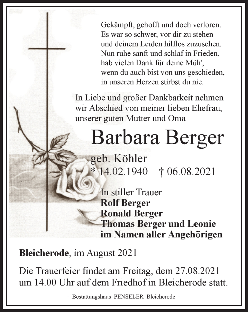  Traueranzeige für Barbara Berger vom 21.08.2021 aus Thüringer Allgemeine