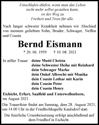 Traueranzeige von Bernd Eismann von Ostthüringer Zeitung