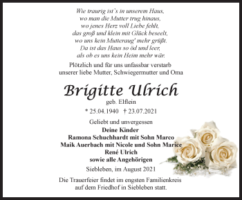 Traueranzeige von Brigitte Ulrich von Thüringer Allgemeine, Thüringische Landeszeitung