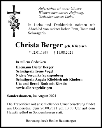 Traueranzeige von Christa Berger von Thüringer Allgemeine