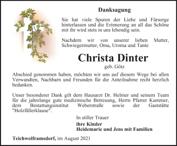 Traueranzeige von Christa Dinter