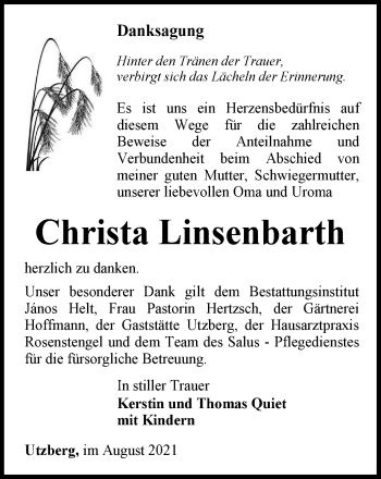 Traueranzeige von Christa Linsenbarth von Thüringer Allgemeine, Thüringische Landeszeitung