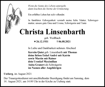 Traueranzeige von Christa Linsenbarth von Thüringer Allgemeine, Thüringische Landeszeitung