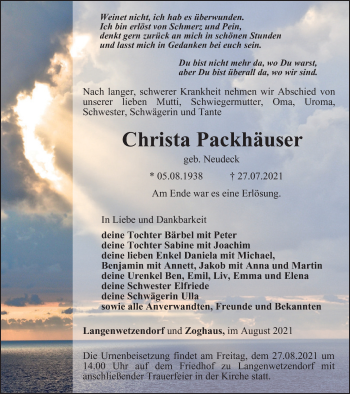Traueranzeige von Christa Packhäuser von Ostthüringer Zeitung