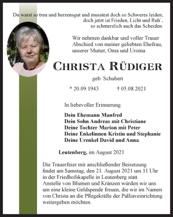 Traueranzeige von Christa Rüdiger von Ostthüringer Zeitung
