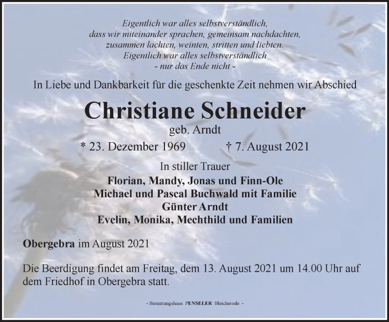  Traueranzeige für Christiane Schneider vom 10.08.2021 aus Thüringer Allgemeine