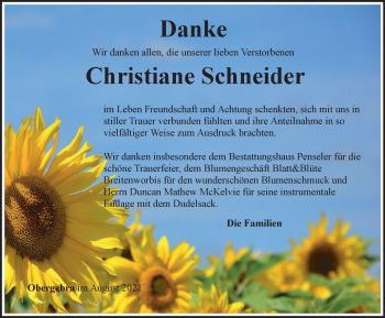 Traueranzeige von Christiane Schneider von Thüringer Allgemeine