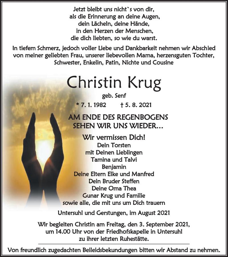  Traueranzeige für Christin Krug vom 28.08.2021 aus Thüringer Allgemeine, Thüringische Landeszeitung