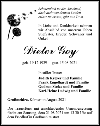 Traueranzeige von Dieter Goy von Thüringer Allgemeine, Thüringische Landeszeitung