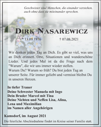 Traueranzeige von Dirk Nasarewicz von Ostthüringer Zeitung