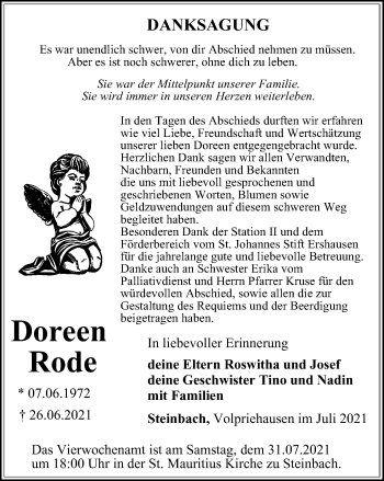 Traueranzeige von Doreen Rode von Thüringer Allgemeine