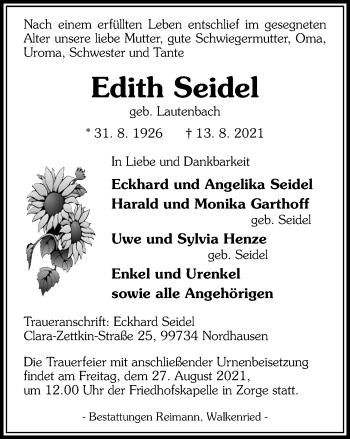 Traueranzeige von Edith Seidel von Thüringer Allgemeine