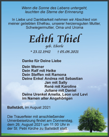 Traueranzeige von Edith Thiel von Thüringer Allgemeine, Thüringische Landeszeitung