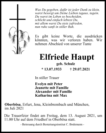 Traueranzeige von Elfriede Haupt