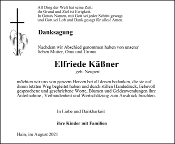 Traueranzeige von Elfriede Käßner von Ostthüringer Zeitung