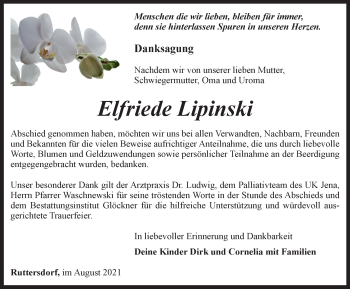 Traueranzeige von Elfriede Lipinski von Ostthüringer Zeitung
