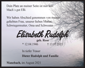 Traueranzeige von Elisabeth Rudolph von Thüringer Allgemeine