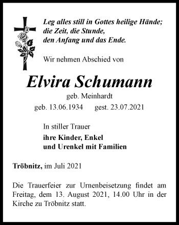 Traueranzeige von Elvira Schumann von Ostthüringer Zeitung