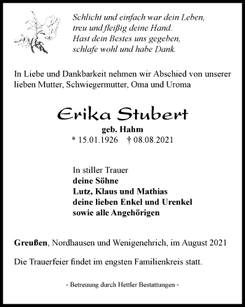 Traueranzeige von Erika Stubert von Thüringer Allgemeine