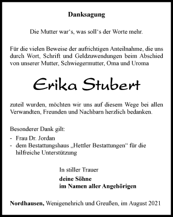Traueranzeige von Erika Stubert von Thüringer Allgemeine