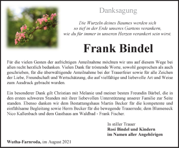 Traueranzeige von Frank Bindel von Thüringer Allgemeine, Thüringische Landeszeitung