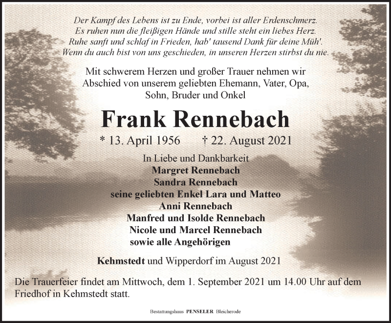  Traueranzeige für Frank Rennebach vom 28.08.2021 aus Thüringer Allgemeine