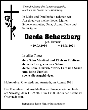 Traueranzeige von Gerda Scherzberg von Thüringer Allgemeine