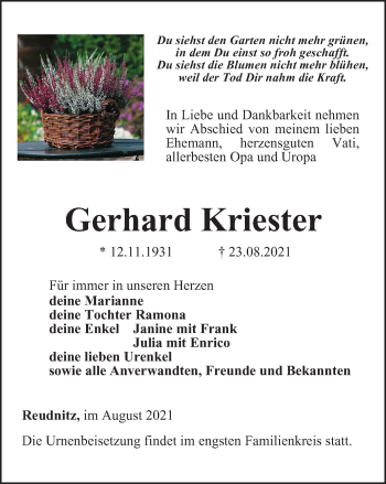 Traueranzeige von Gerhard Kriester von Ostthüringer Zeitung