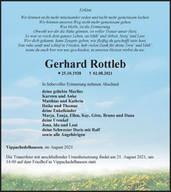 Traueranzeige von Gerhard Rottleb von Thüringer Allgemeine, Thüringische Landeszeitung