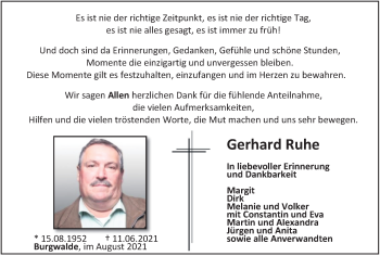 Traueranzeige von Gerhard Ruhe von Thüringer Allgemeine