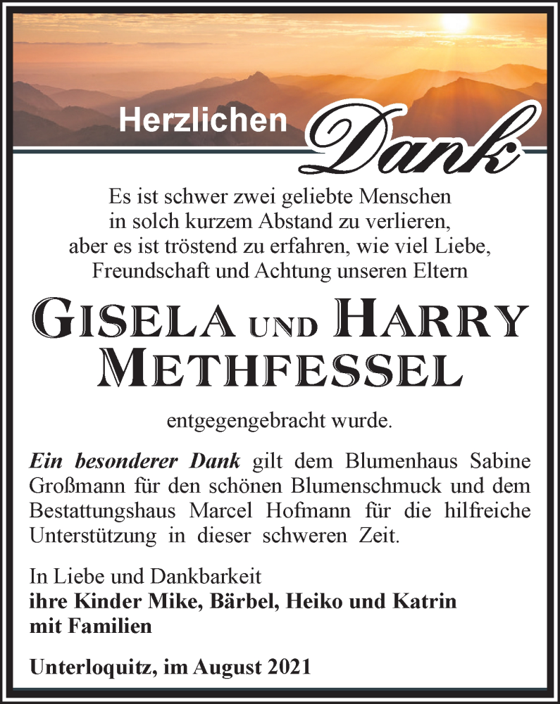  Traueranzeige für Gisela und Harry Methfessel vom 07.08.2021 aus Ostthüringer Zeitung