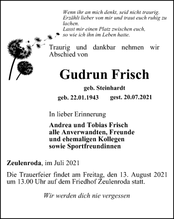 Traueranzeige von Gudrun Frisch von Ostthüringer Zeitung