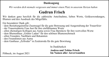 Traueranzeige von Gudrun Frisch von Ostthüringer Zeitung