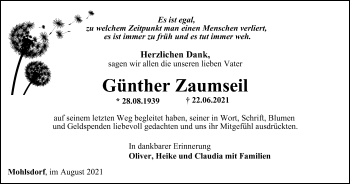 Traueranzeige von Günther Zaumseil von Ostthüringer Zeitung