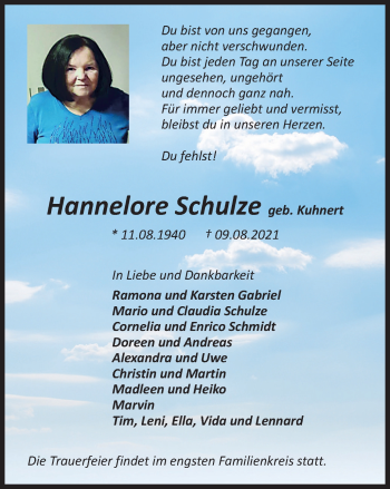 Traueranzeige von Hannelore Schulze von Thüringer Allgemeine, Thüringische Landeszeitung