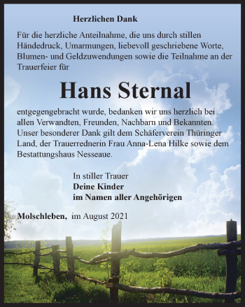 Traueranzeige von Hans Sternal von Thüringer Allgemeine, Thüringische Landeszeitung