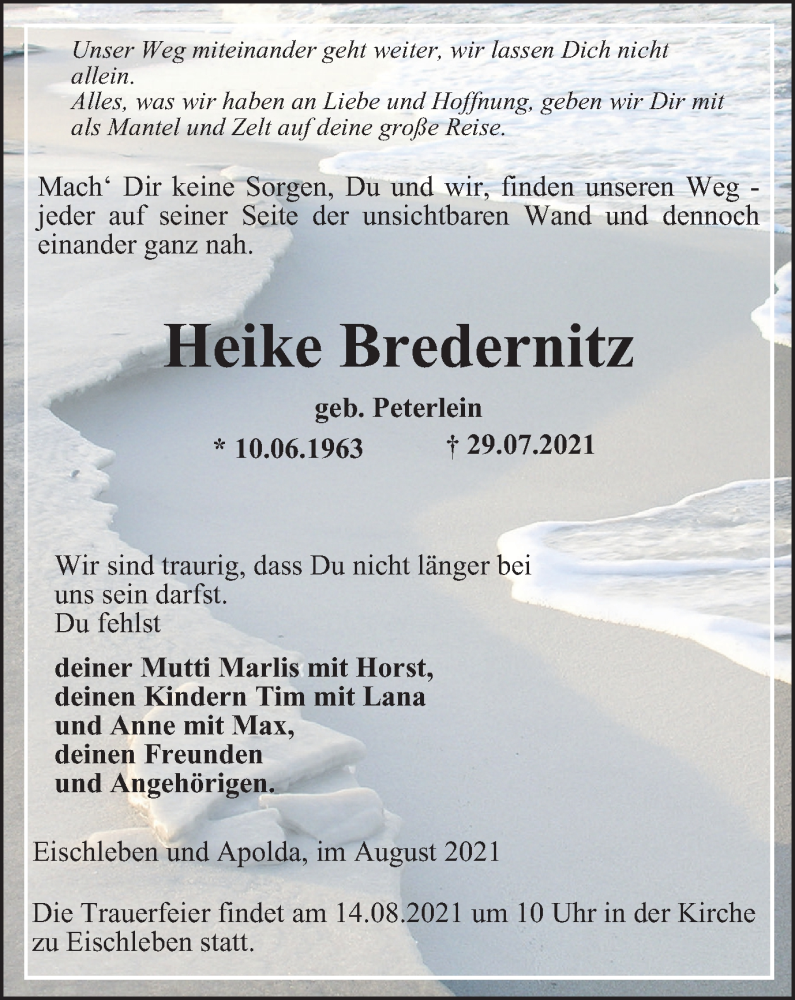  Traueranzeige für Heike Bredernitz vom 07.08.2021 aus Thüringer Allgemeine, Thüringische Landeszeitung
