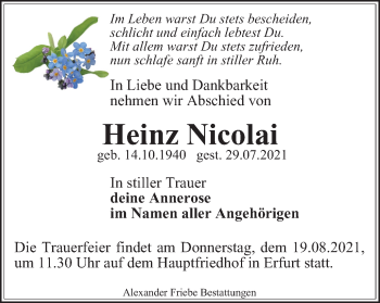 Traueranzeige von Heinz Nicolai