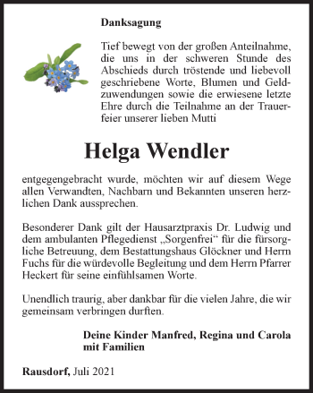 Traueranzeige von Helga Wendler von Ostthüringer Zeitung