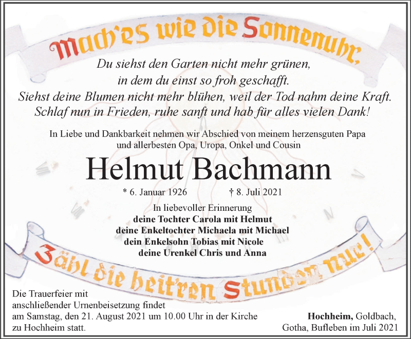  Traueranzeige für Helmut Bachmann vom 07.08.2021 aus Thüringer Allgemeine, Thüringische Landeszeitung