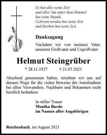 Traueranzeige von Helmut Steingrüber von Ostthüringer Zeitung