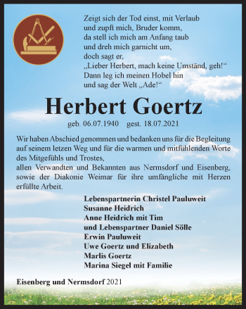 Traueranzeige von Herbert Goertz von Ostthüringer Zeitung