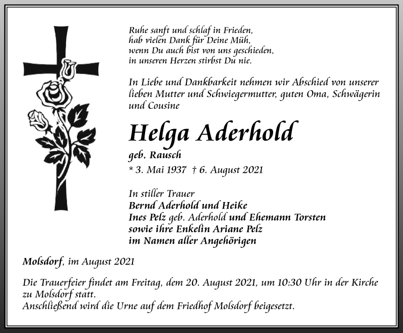  Traueranzeige für Herga Aderhold vom 14.08.2021 aus Thüringer Allgemeine, Thüringische Landeszeitung
