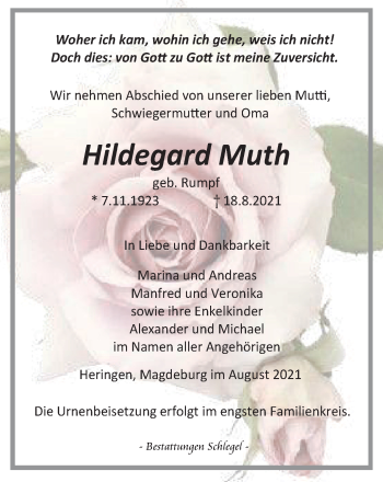 Traueranzeige von Hildegard Muth von Thüringer Allgemeine