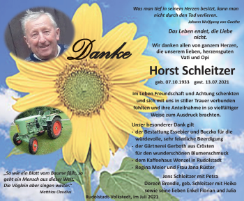 Traueranzeige von Horst Schleitzer von Ostthüringer Zeitung