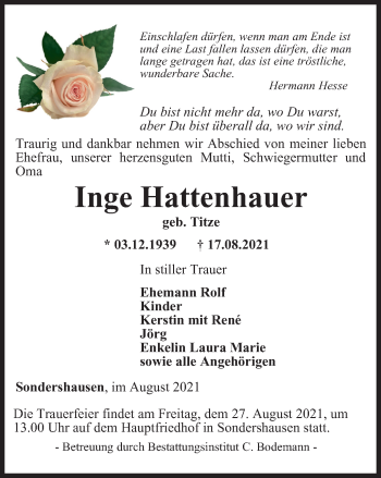 Traueranzeige von Inge Hattenhauer